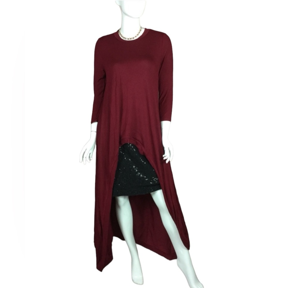 Burgundy high lo maxi tunic‎ long sleeve top S/M